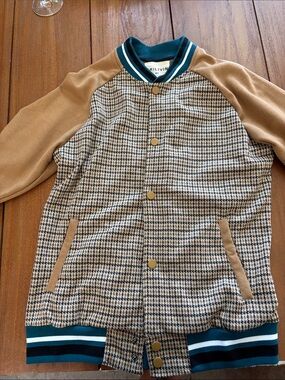 Frillivin Houndstooth Bomber Jacket in Camel & Teal